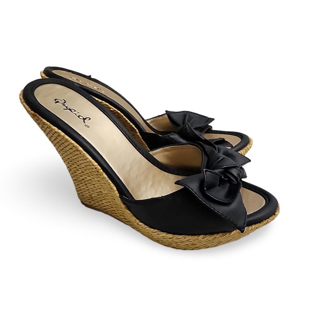 Black Leather Bow Peep-Toe Espadrille Wedges, Women's 6.5